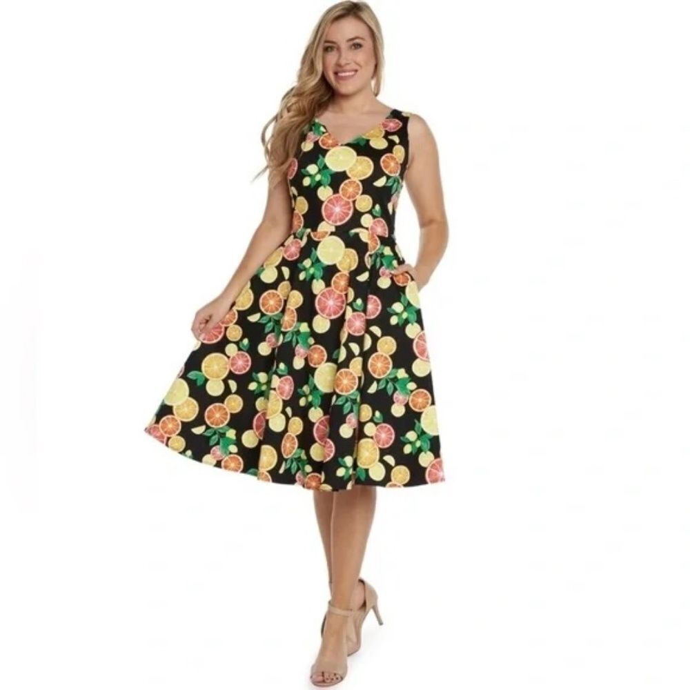 Sleeveless Black Midi Dress with Citrus Print